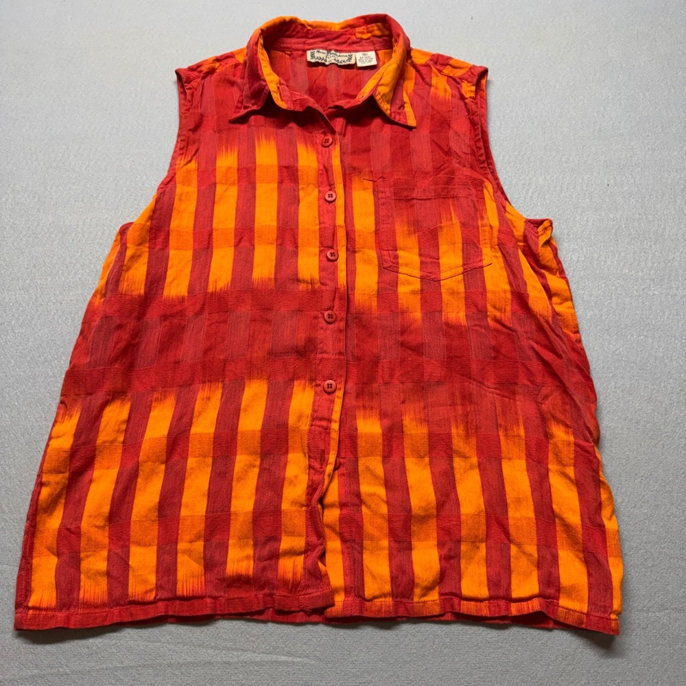 New Direction Plus Womens 1X Red Orange Plaid Sleeveless Button Down Shirt